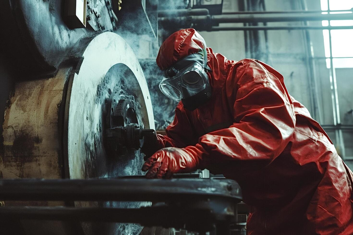 Scientist in protective suit examining industrial machinery in toxic environment photo