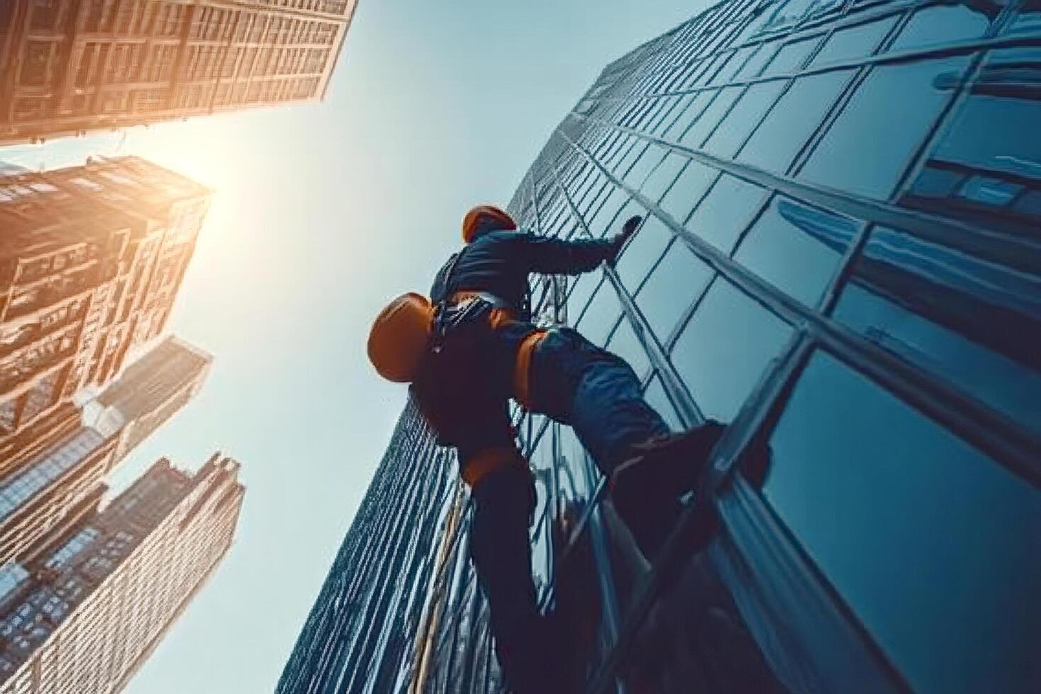Industrial climber scaling skyscraper in modern metropolis photo