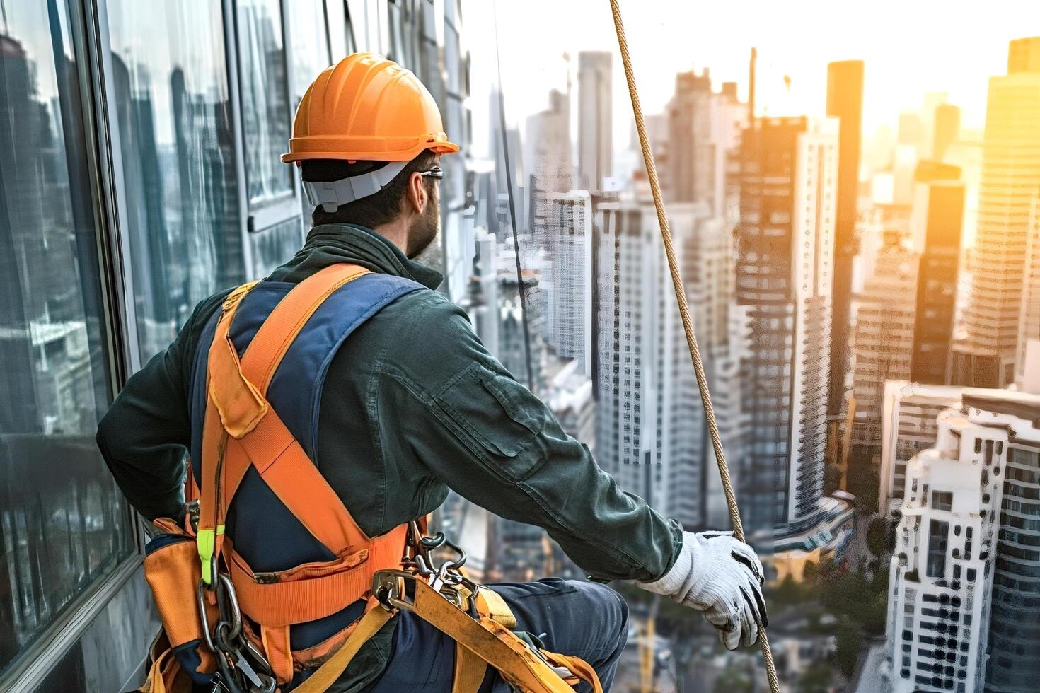 Construction worker wearing safety harness sitting on skyscraper looking at city photo