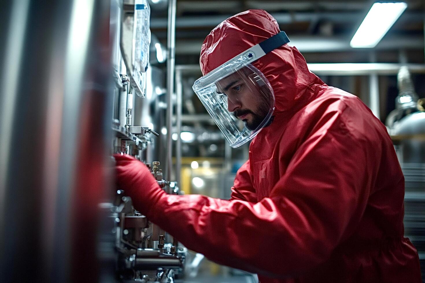 Scientist working with industrial machinery in protective suit photo