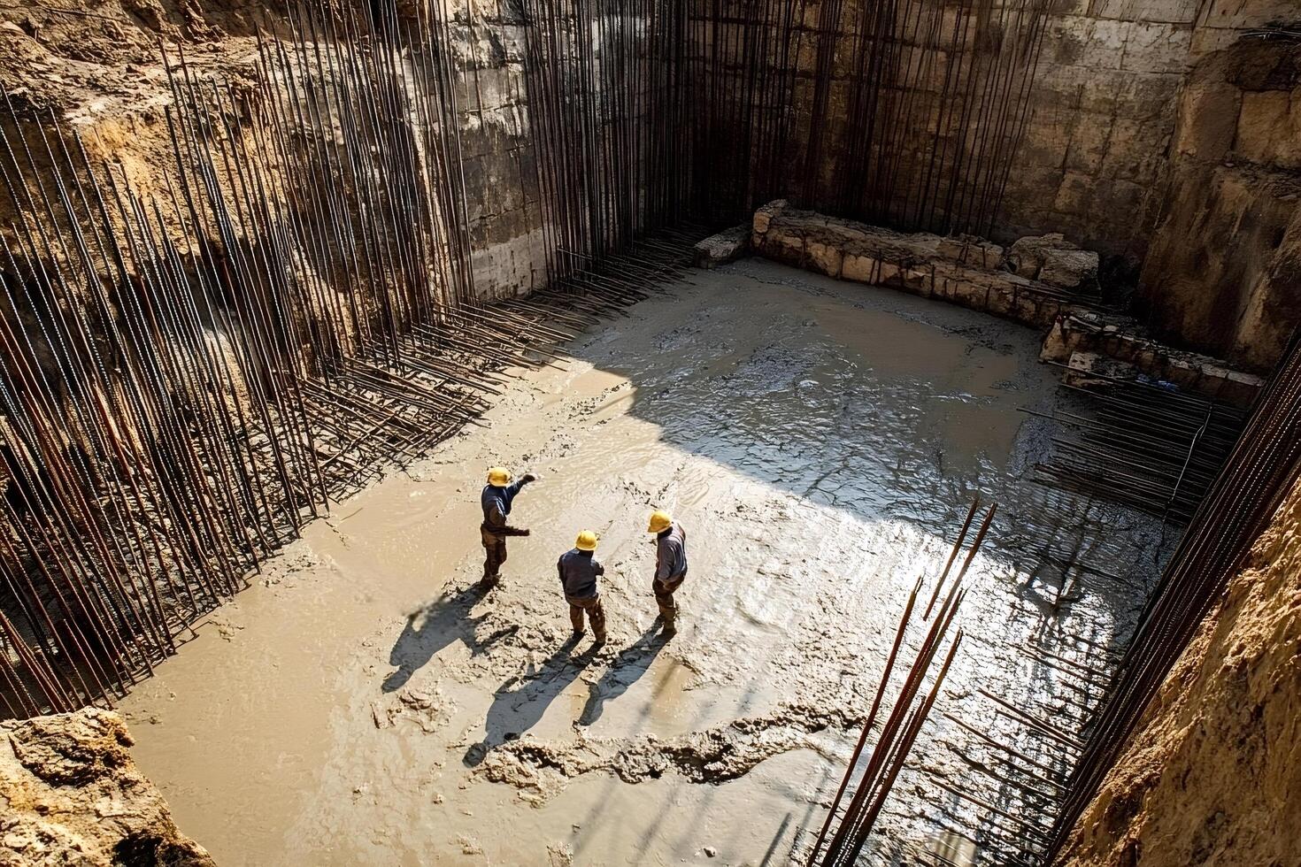 Construction workers inspecting foundation in muddy pit photo