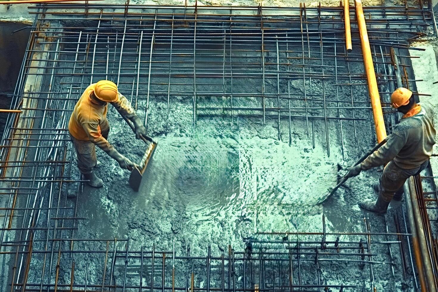 Construction workers leveling concrete and building foundation photo