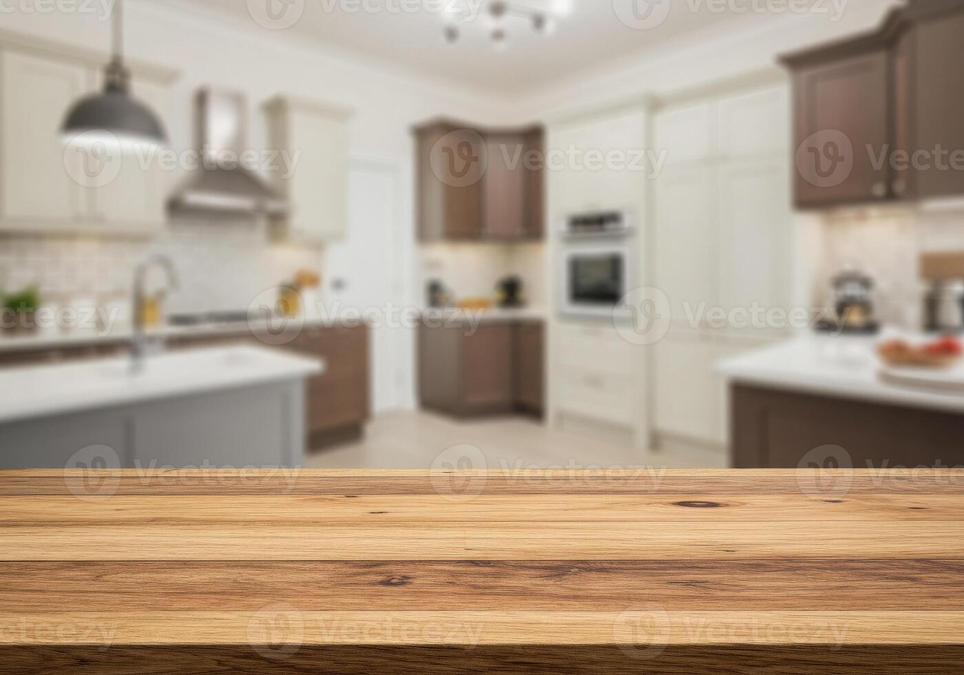 Wooden table top in kitchen with blurred background photo