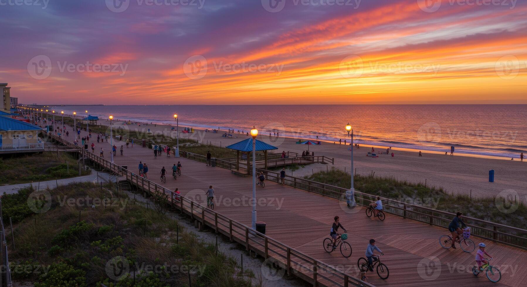 A boardwalk with people riding bikes at sunset photo