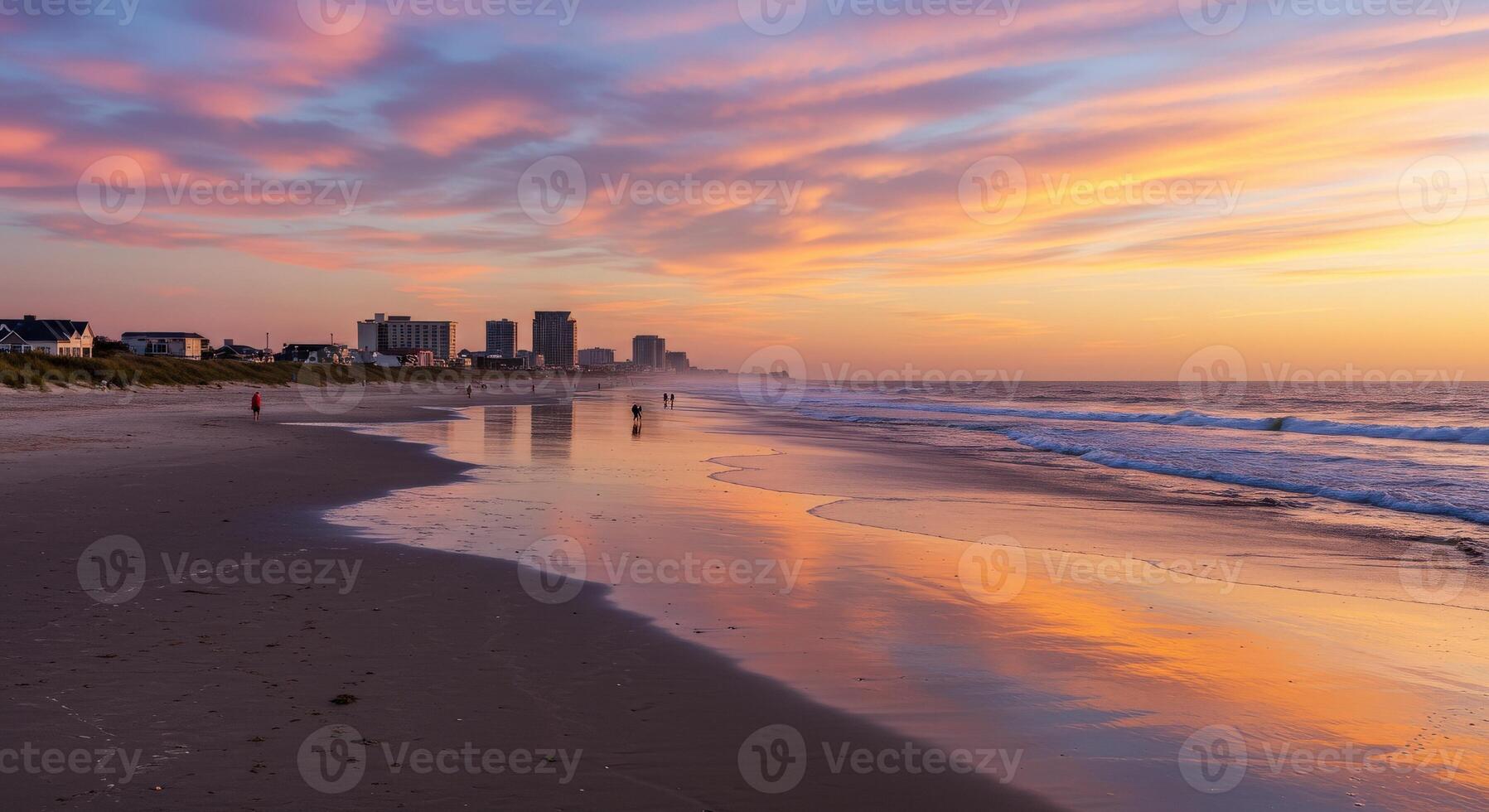 A beach with a colorful sunset and buildings in the background photo