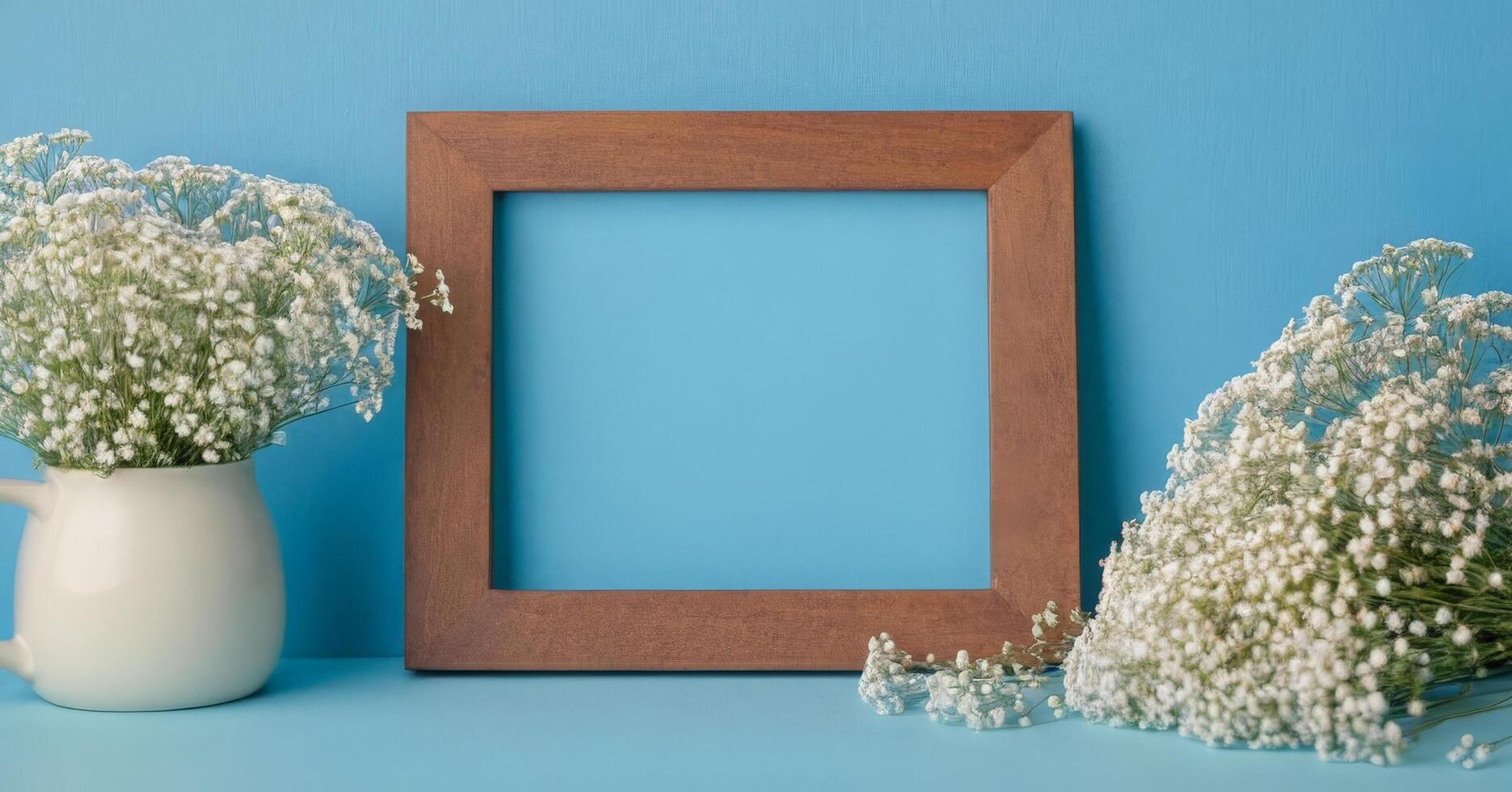Wooden frame with white flowers on blue background photo