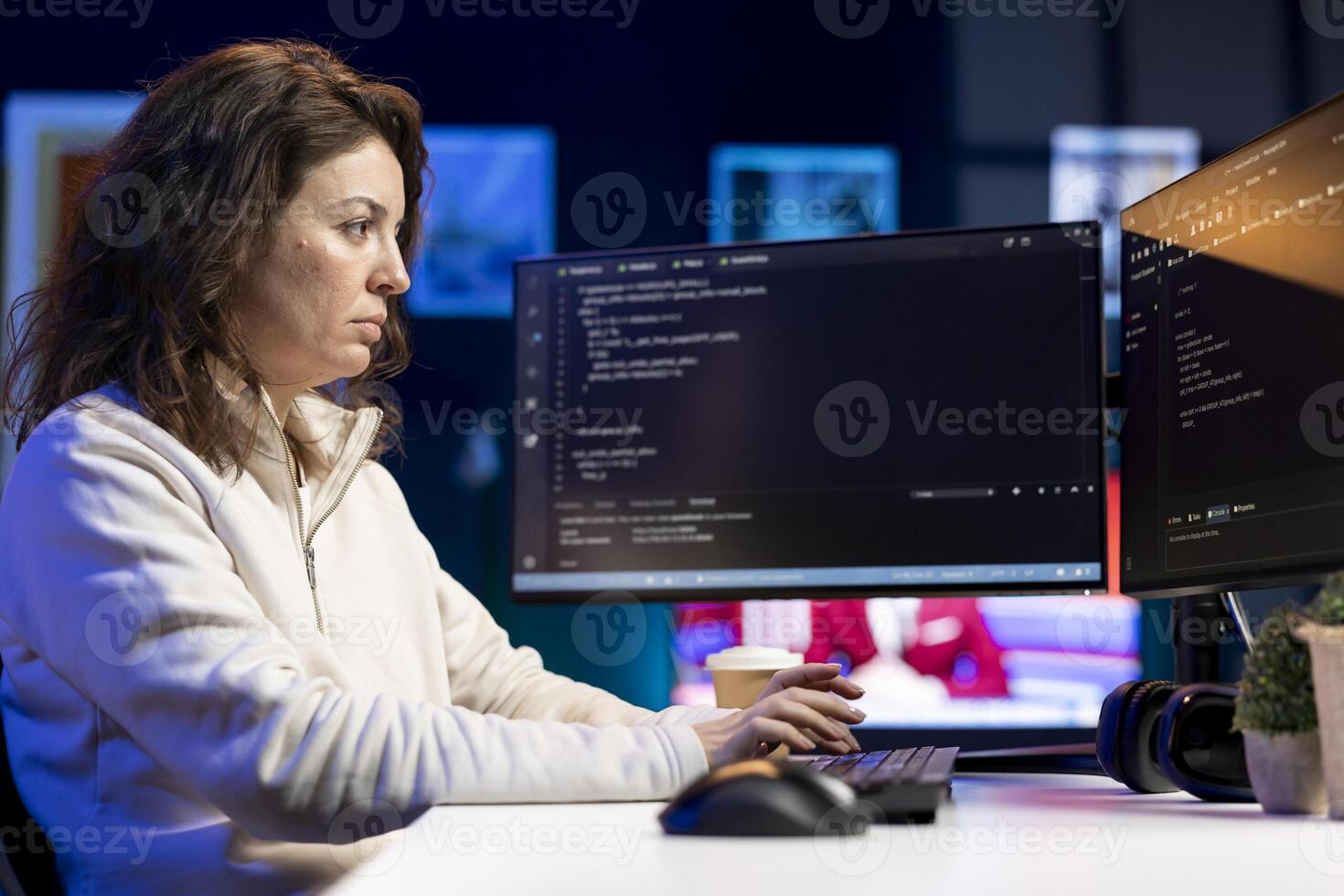 System administrator fixing vulnerabilities in software enabling hackers to compromise operating system. Cybersecurity specialist in apartment using computer to patch security exposures photo