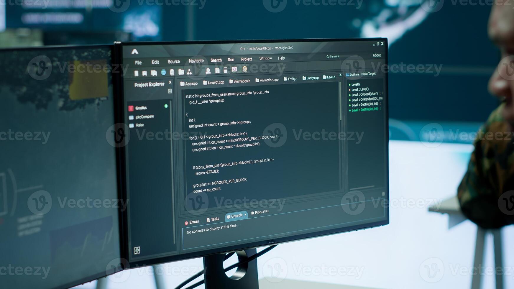 Military professionals in a mission control center employs modern technology to analyze satellite imagery and data, tracking threats and support intelligence operations. Surveillance system. Camera A. photo