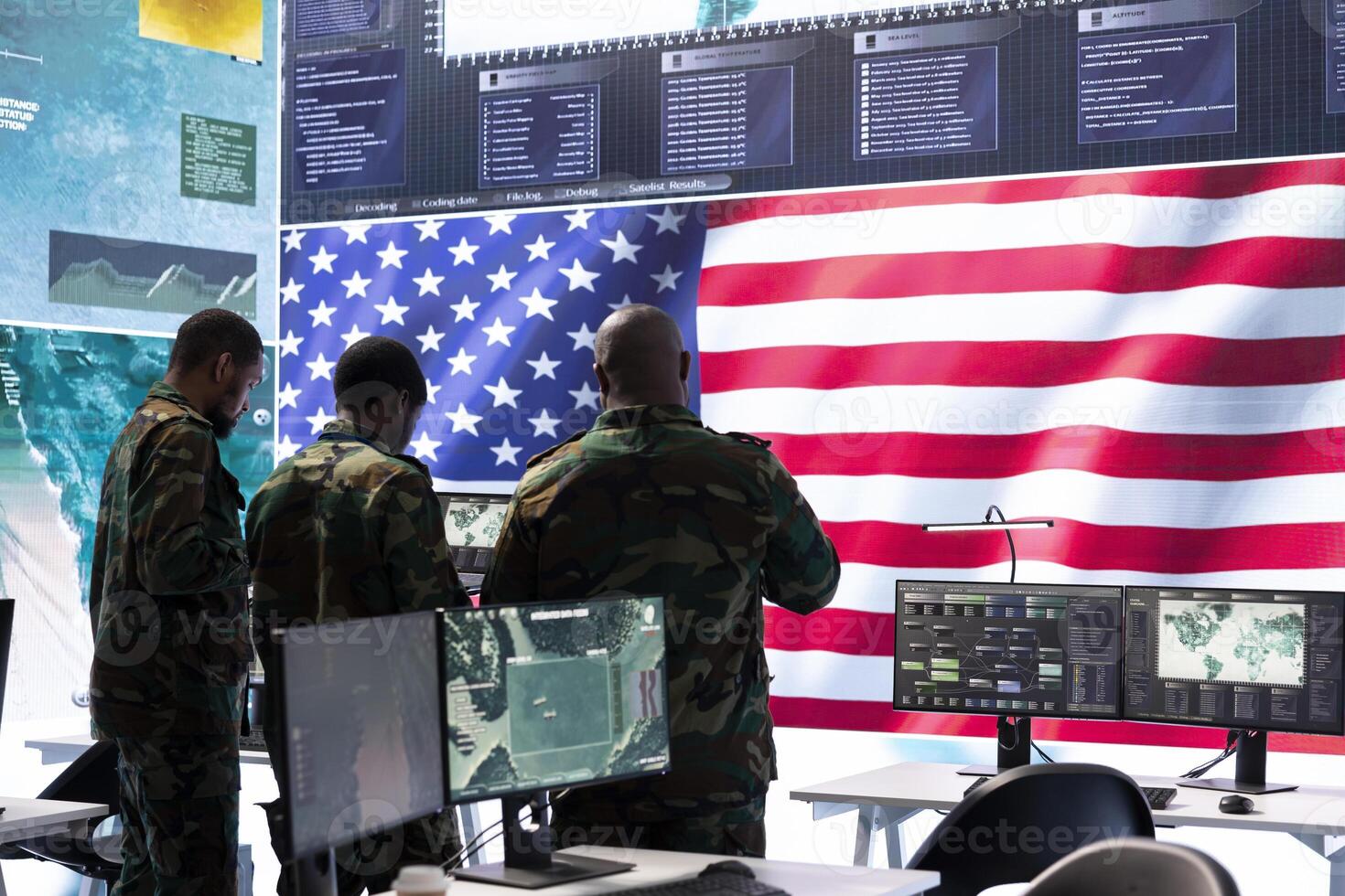 American military intelligence officers in a command center monitoring surveillance information in order to safeguard state secrets. Managing security in an army base of operations. photo