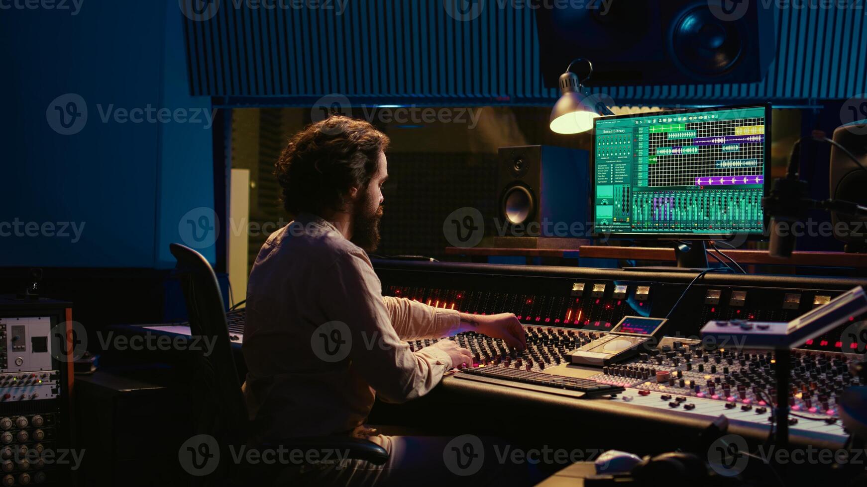Control room sound engineer editing music with sliders and knobs, working on post production in professional soundproof studio. Technician producing songs on stereo mixing console. Camera B. photo