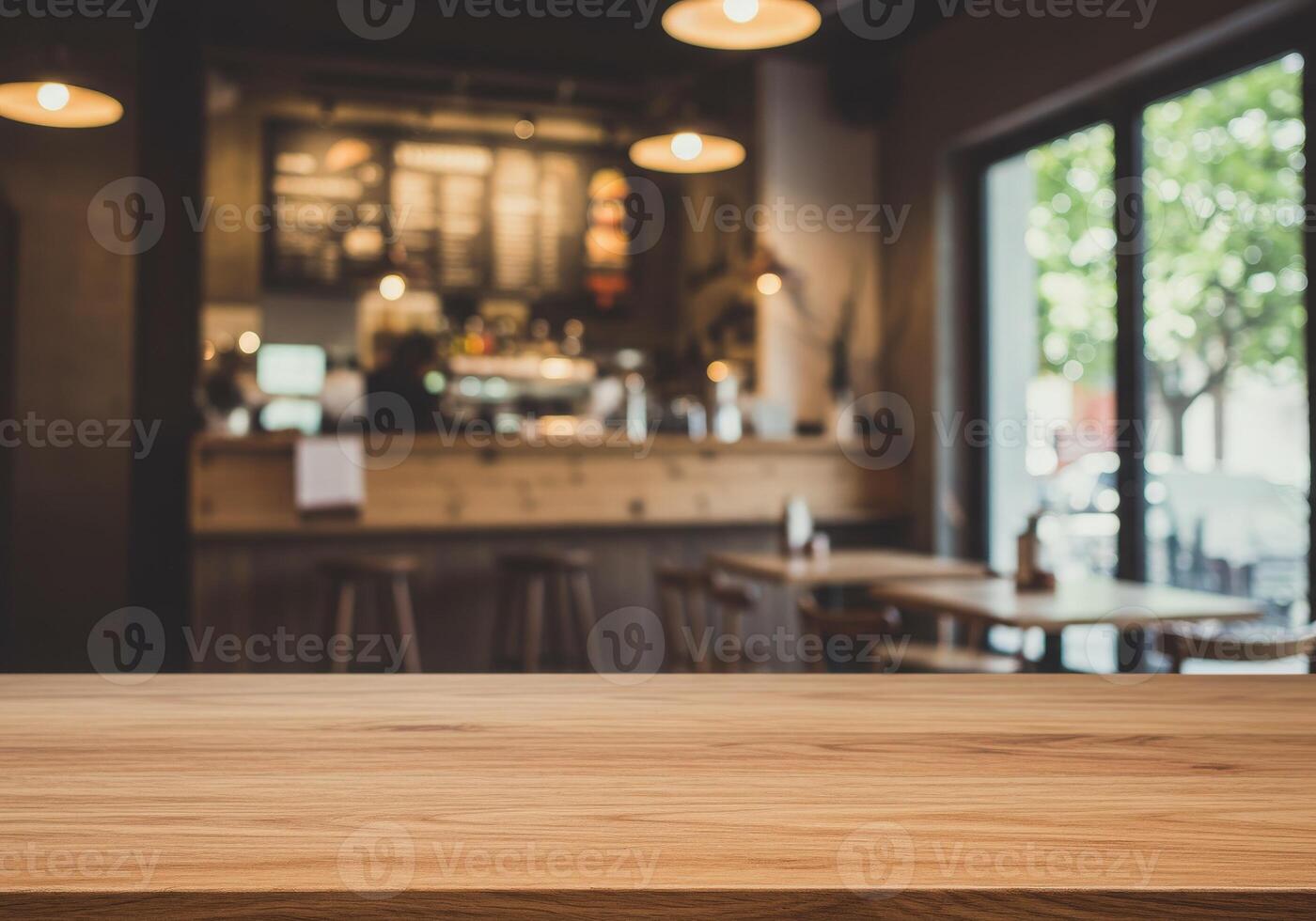 Table top in coffee shop with blurred background photo