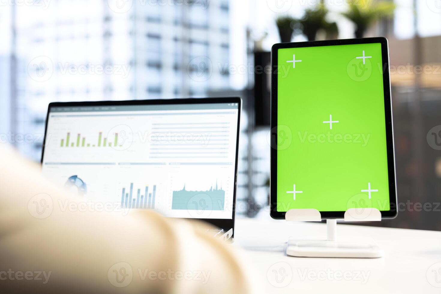 Woman chief executive officer working with mockup copy space screen on device, developing a project for enterprise growth and objectives achievement. Female director with determination. photo