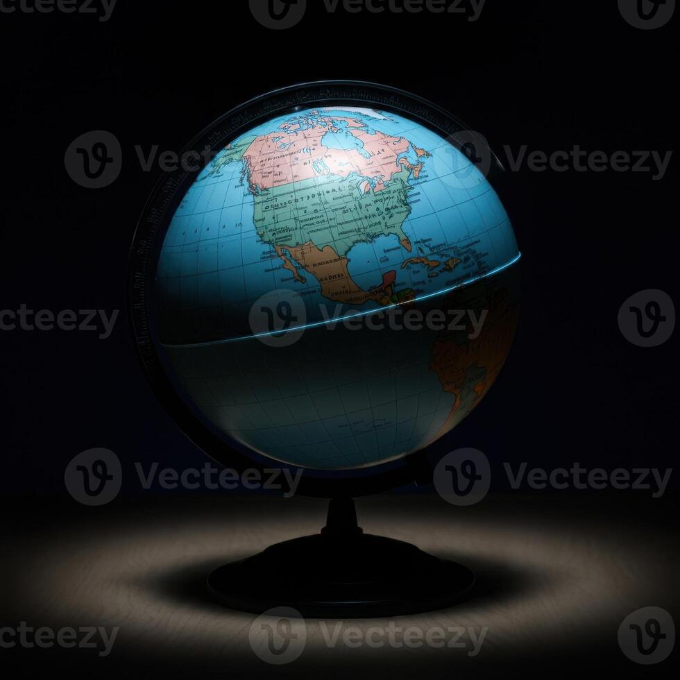 A globe on a dark table with a light shining on it photo