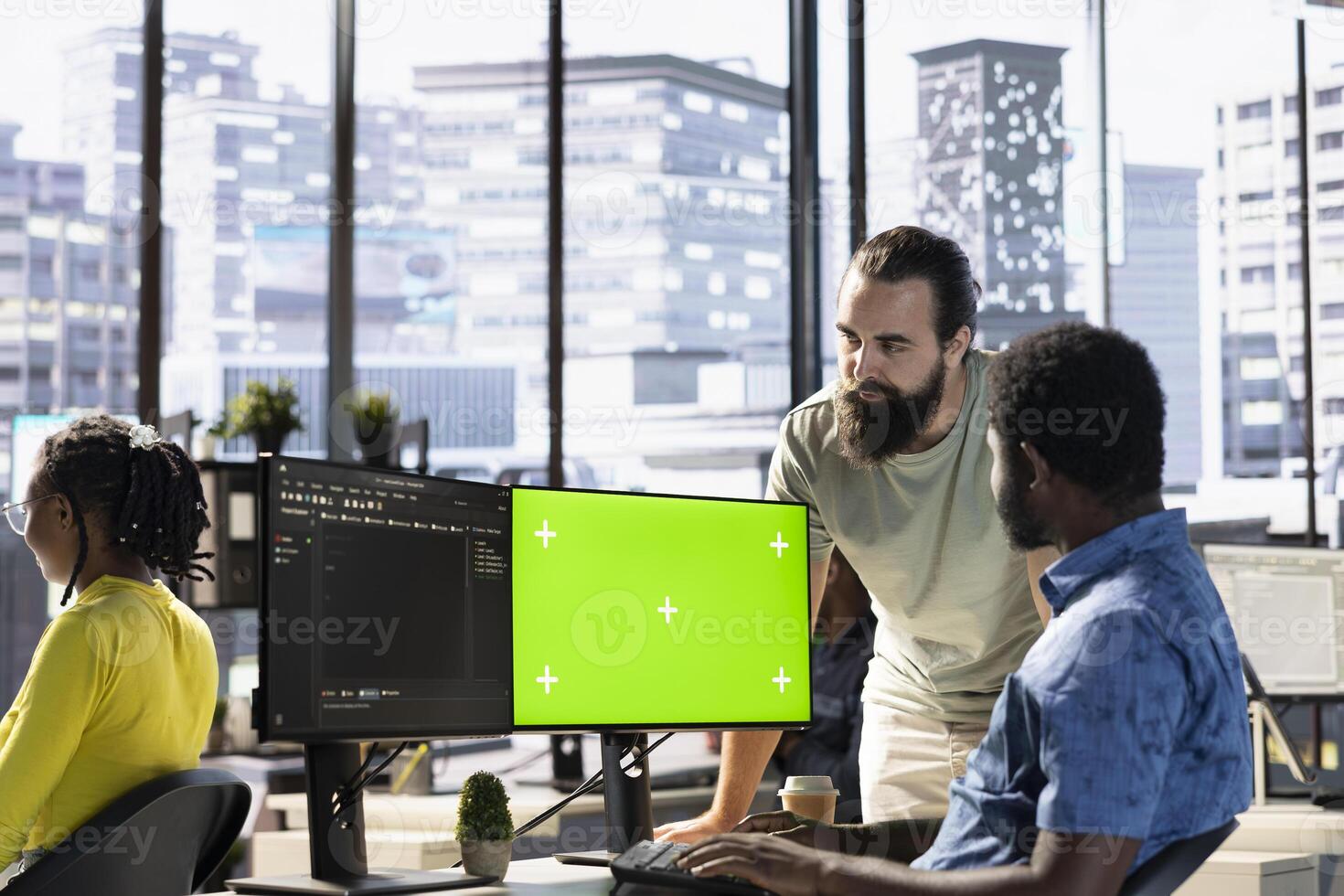 Programmer doing software debugging on green screen PC, asking for help from coworker, checking errors in lines of code. Employee fixing coding mistakes on mockup computer, being assisted by colleague photo