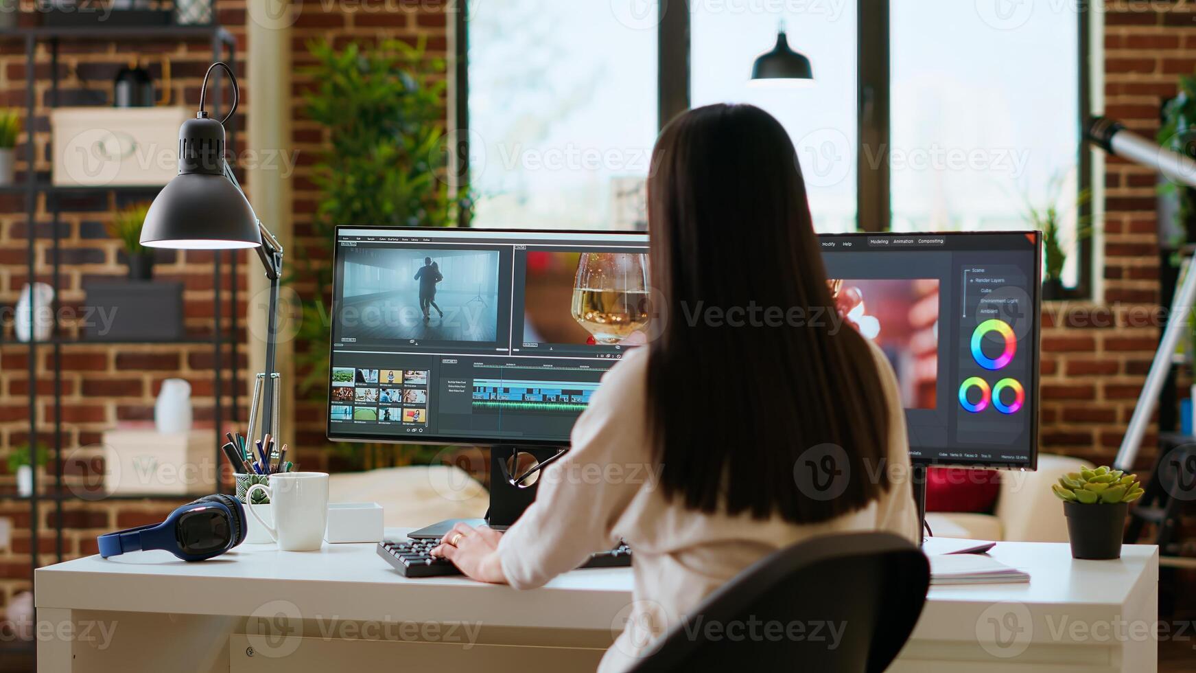 Female editor focuses on color grading while working on a film project in a professional creative studio. Professional woman uses advanced tech tools for editing. Camera B. photo