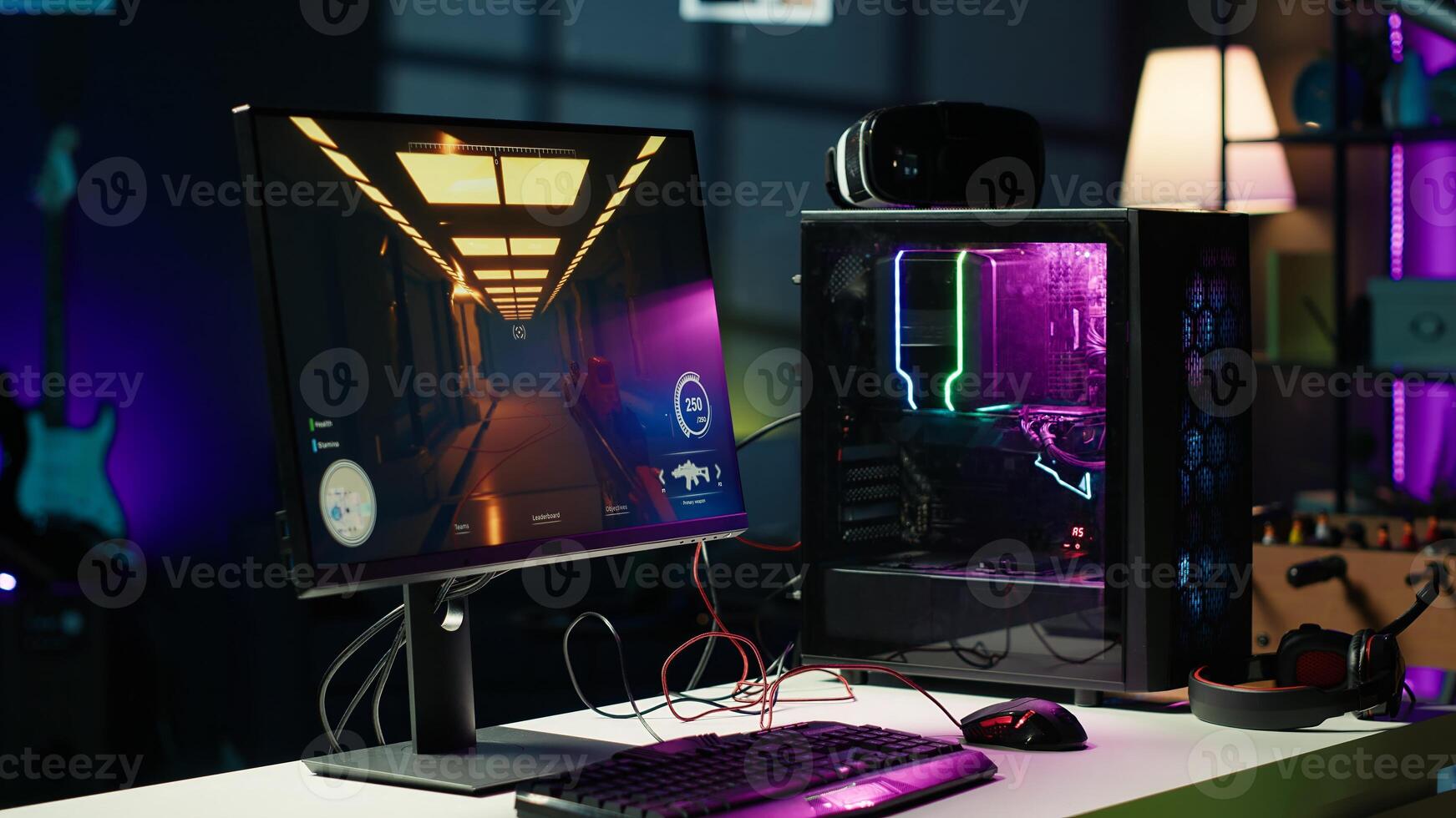 FPS videogame left open on PC screen in empty neon illuminated apartment living room. Shooter game on computer desktop display in RGB lit home late at night with no people in photo