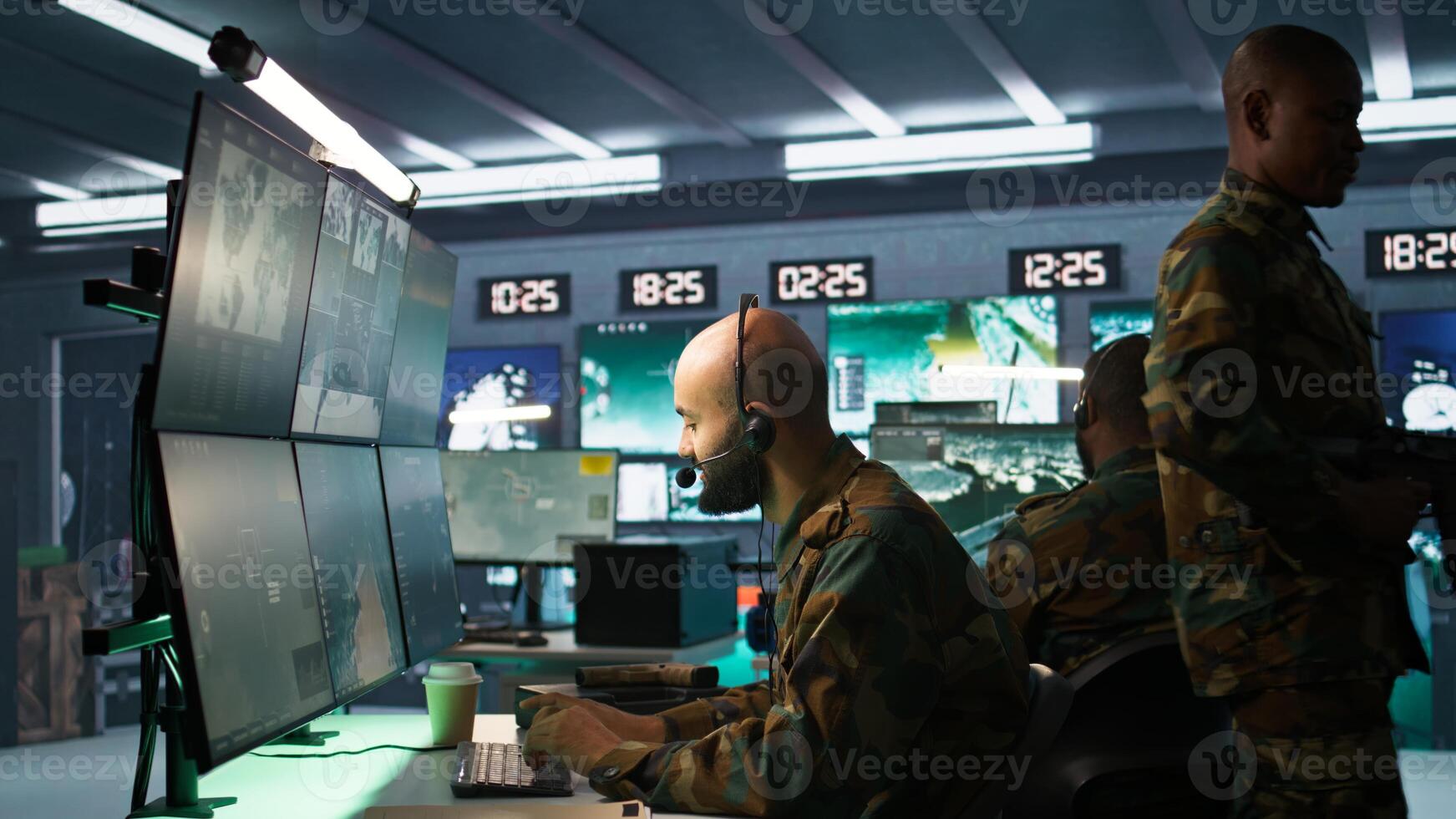 Soldier solving tasks in military HQ base, gathering information on enemy troops. Middle Eastern agent in base of operations doing assessment of enemy vulnerabilities, tracking, camera B photo