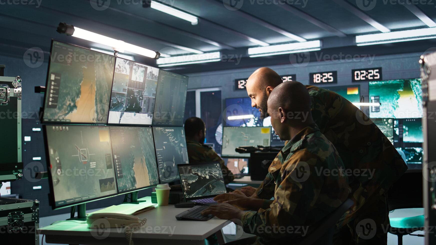 Military soldier in mission control center, overseeing national safety operations using notebook next to colleague. Team of army specialists examining data in monitoring room command center, camera B photo