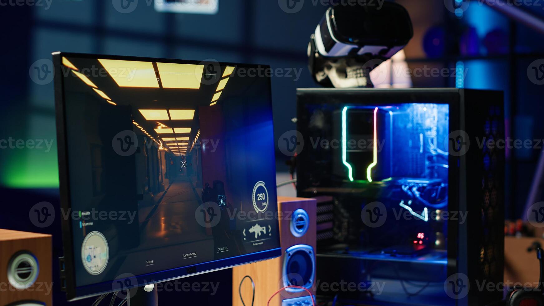 RGB lights illuminated fans on gaming computer capable of playing latest games, close up shot, empty apartment. Focus of components on powerful desktop PC in home living room photo
