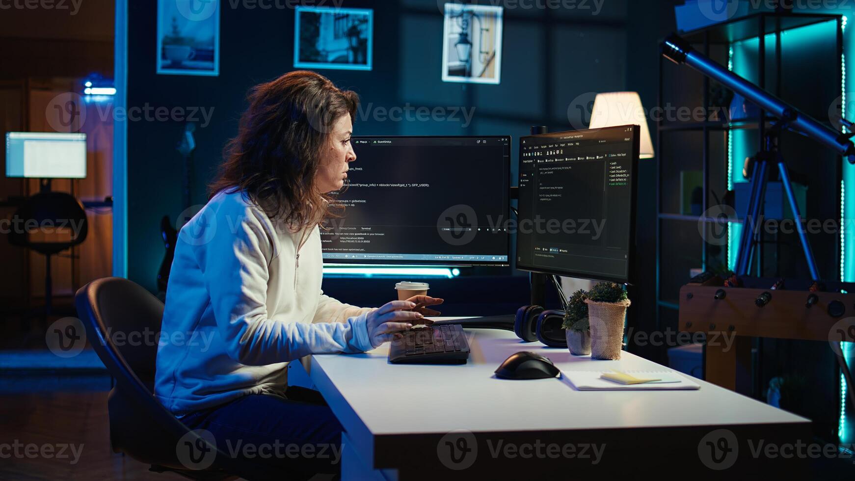 Tired woman hurting from too much stress accumulated while doing software quality assurance on computer. Developer suffers from headache after inspecting coding on PC for too long, camera B photo