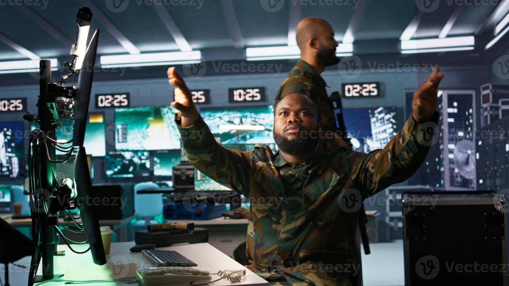 Military officer using augmented reality tracking tech to gain info helpful against enemies. Army expert using AR hologram to gain intel helping troops, coordinating mission activities, camera B photo
