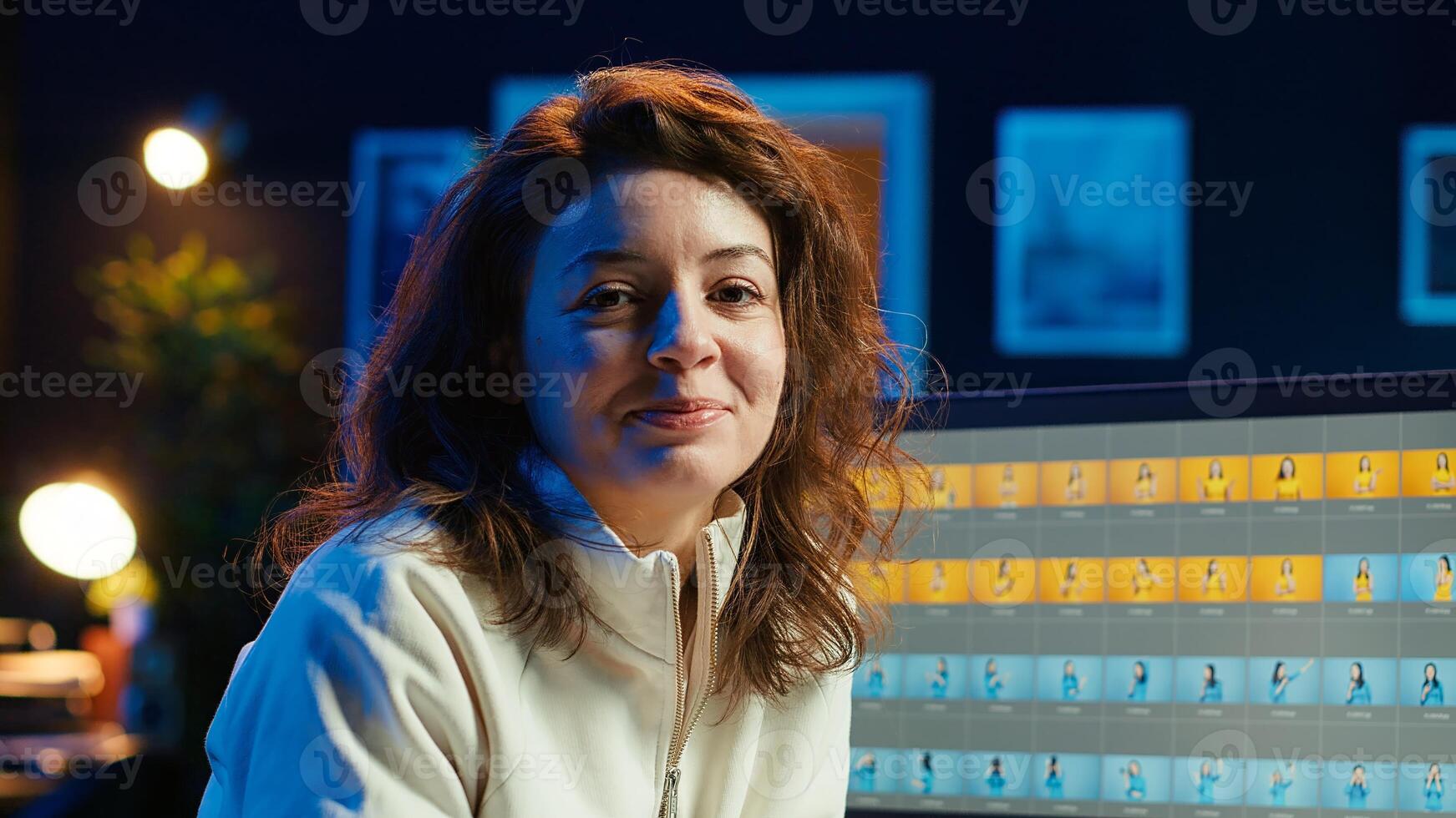 Portrait of happy photo editor color correcting photographs in creative studio next to cup of coffee on desk. Joyous photographer selecting best pictures for editorial content, camera A