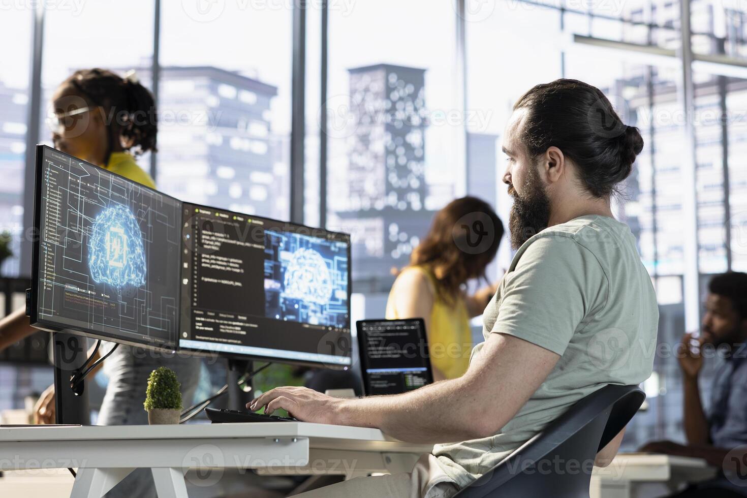Admin using computer for artificial intelligence computing simulating human brain through self learning algorithms. Employee working with AI deep neural networks on desktop PC photo