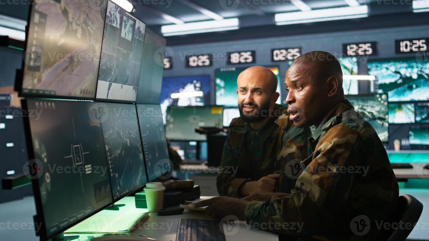 Army unit working in governmental facility next to coworker, doing brainstorming, operating surveillance tech. Team of soldiers doing job in HQ base of operations, camera B photo