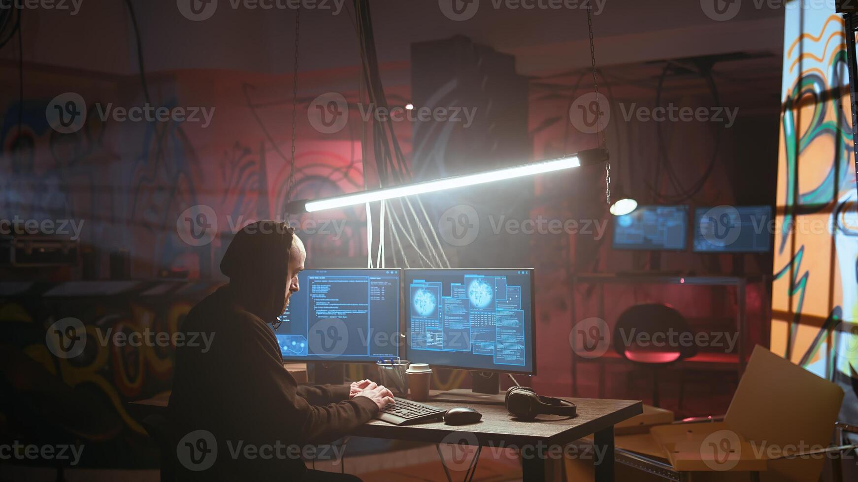 Hacker running phishing software on computer in criminals den with graffiti sprayed on walls. Cybercriminal doing malware programming in dark foggy underground base, breaching security photo