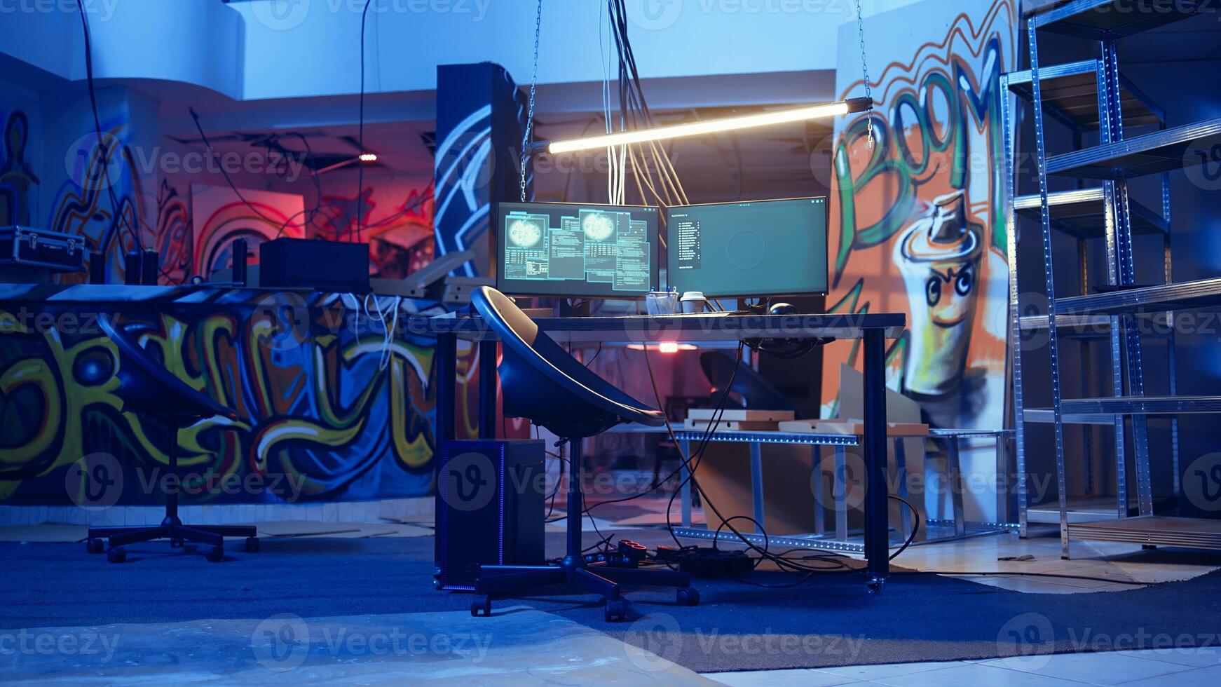 High tech computer system running malicious code in empty basement, handheld camera shot. PC monitors in empty neon lit criminal hideout used by hackers to commit illegal activities, camera A photo