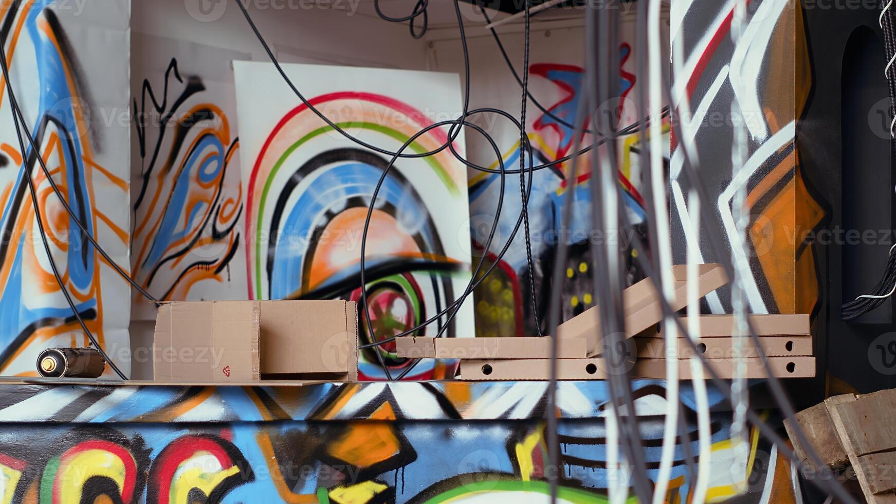 Colorful basement filled with graffiti art used as hanging place by skaters, urban culture concept. Artsy abandoned building filled with paint artworks by teenagers, hip hop lifestyle photo