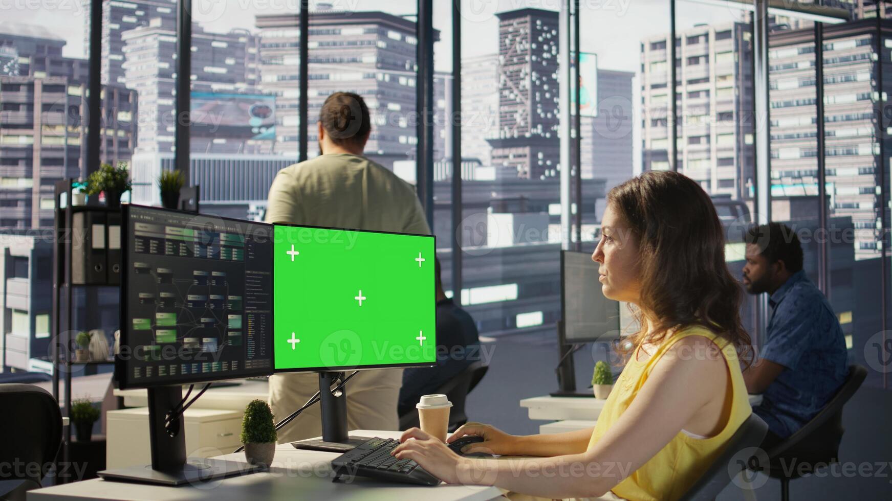 Admin using multi monitor green screen PC to create machine learning models that can process data to automate decision making processes. Woman programming using chroma key computer photo