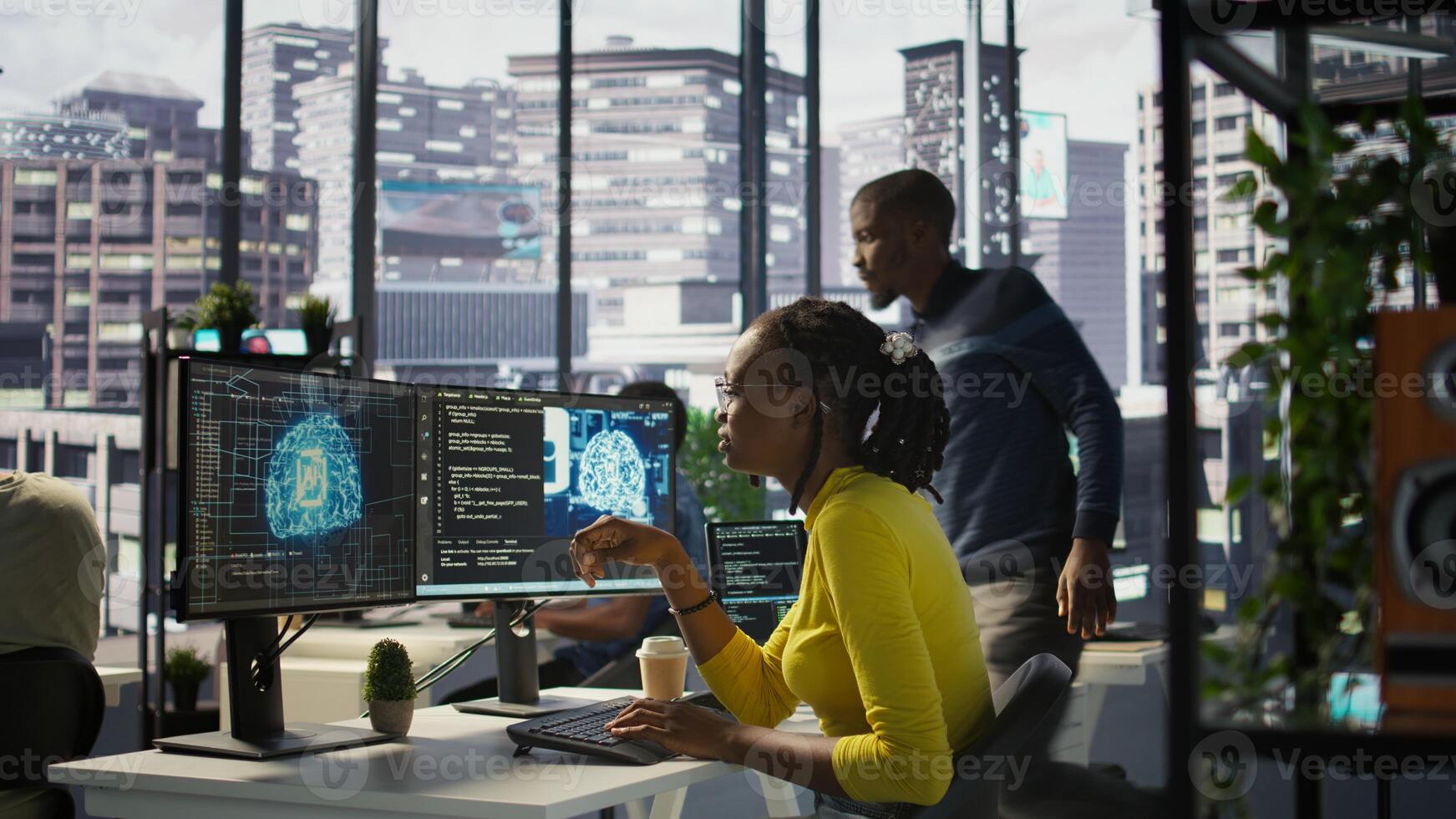 Software engineer conducts code review to fix bugs, identifying technical issues with artificial intelligence company software. African american woman debugging and optimizing code using AI, camera B photo