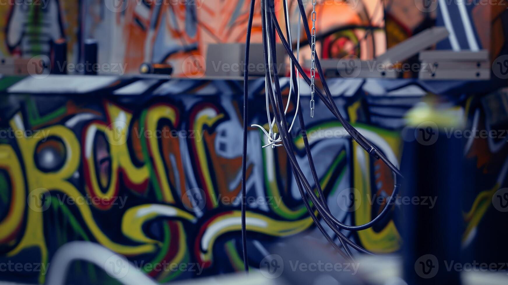 Subversive graffiti art on walls in derelict building, concept of counterculture lifestyle. Close up shot of hanging electric cables in ghetto abandoned building used as headquarters by teenagers photo
