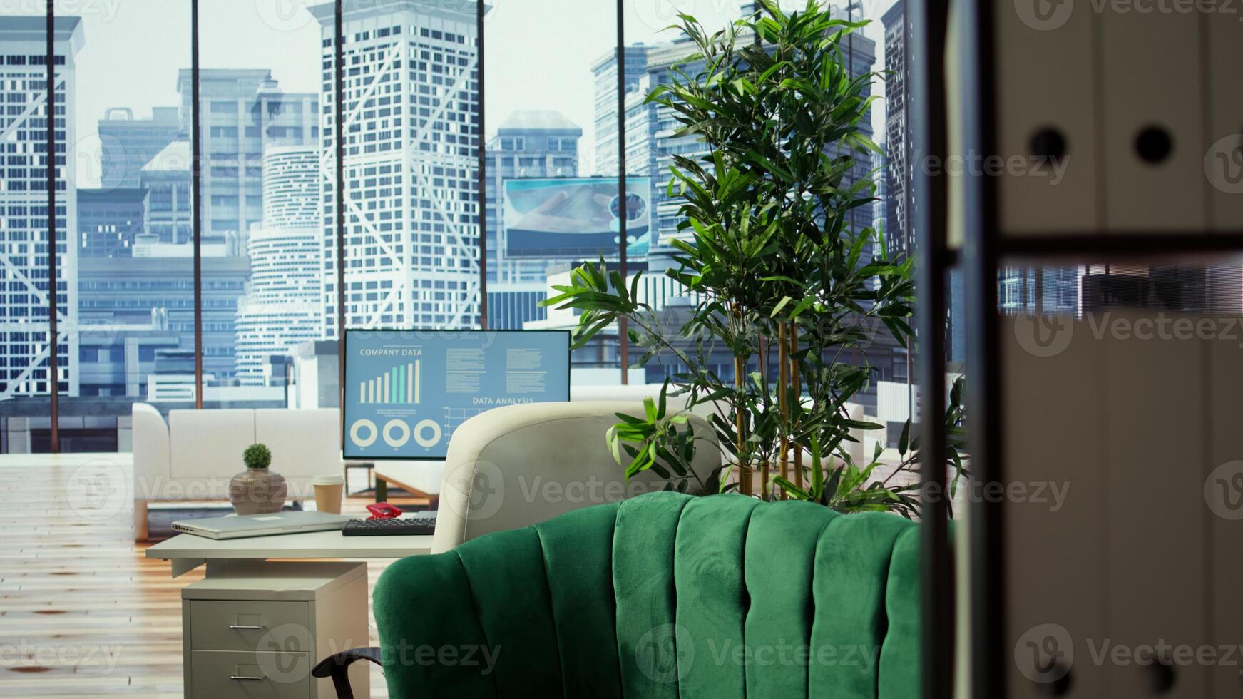 Empty modern office setup with advanced technology enhances productivity, helping professionals focus on financial strategies, performance metrics and global business objectives. photo