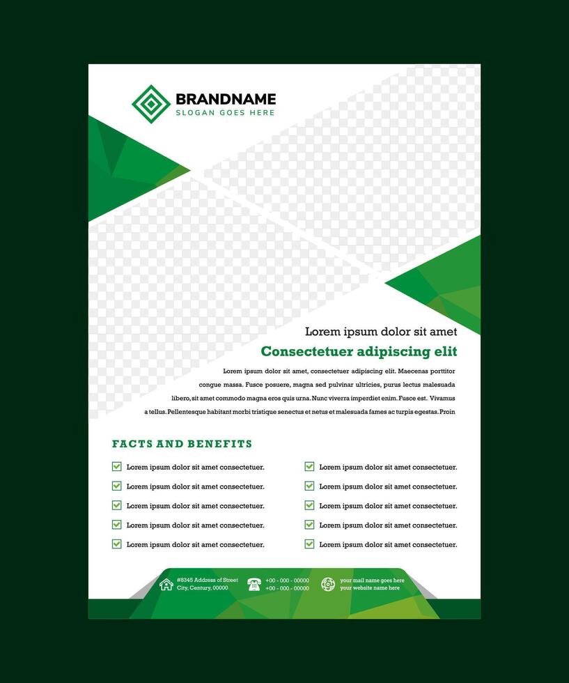 Abstract triangle green polygon annual report Leaflet Brochure Flyer template design, book cover layout design, vertical layout with space for photo collage. vector