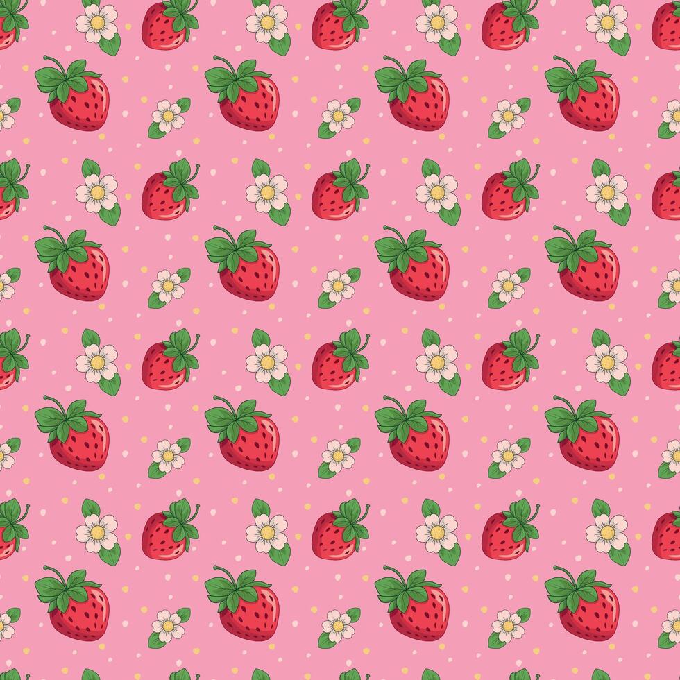 Strawberry seamless pattern. Repeating pattern with strawberries. Summer pattern on pink background. Juicy red seamless strawberries with flowers and dots vector