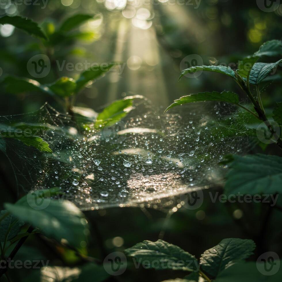 A spider web with dew drops on it in the sunlight photo