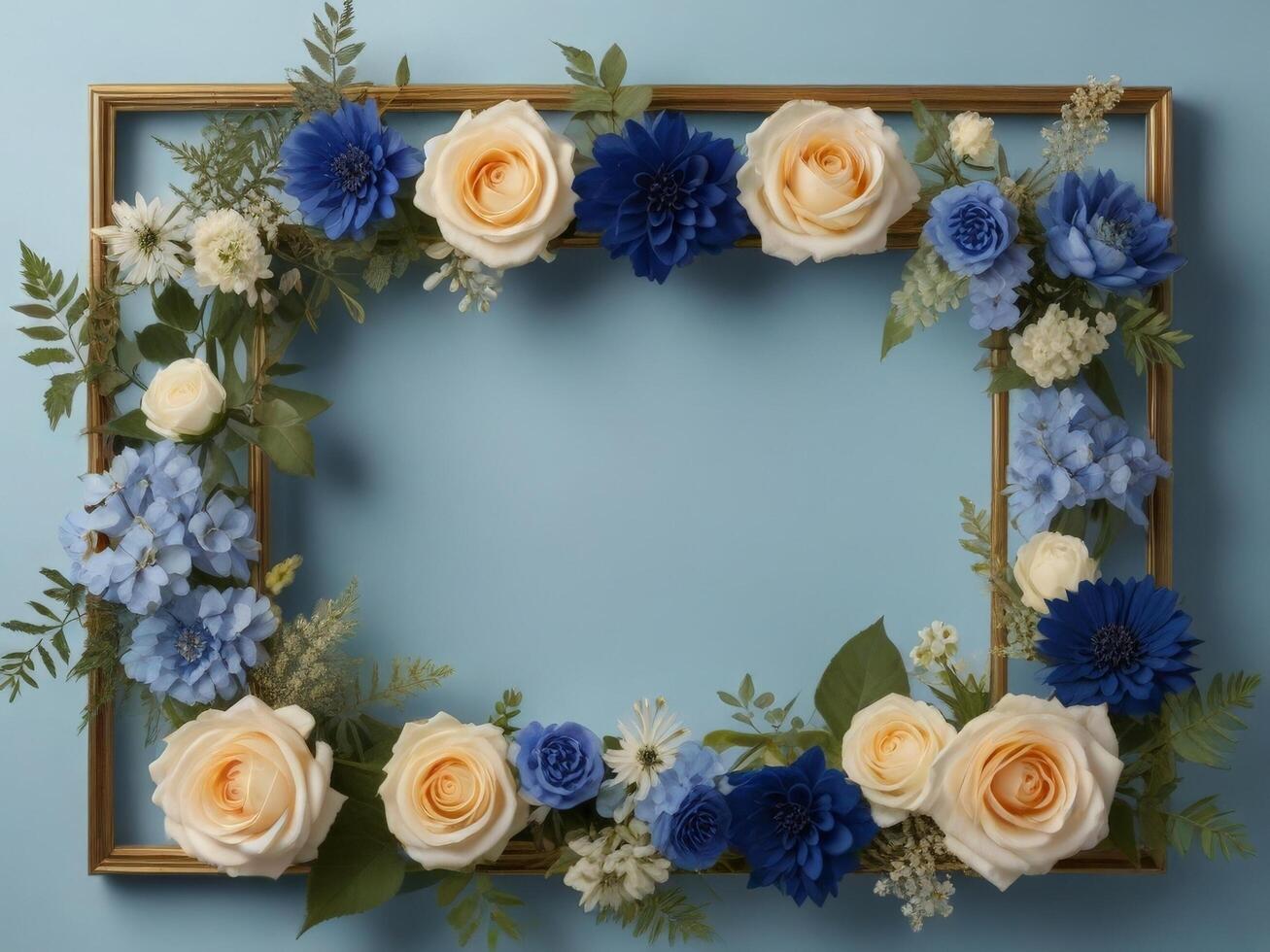 Blue and white flowers in a gold frame on a blue background photo