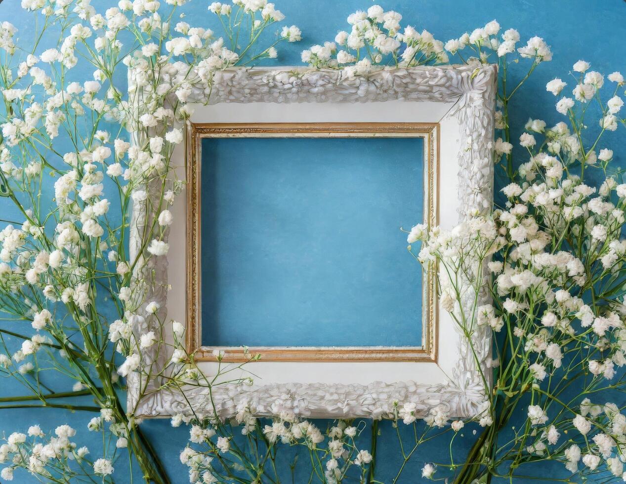White flowers and frame on blue background photo