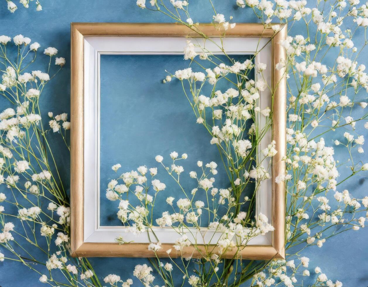 Frame with white flowers on blue background photo