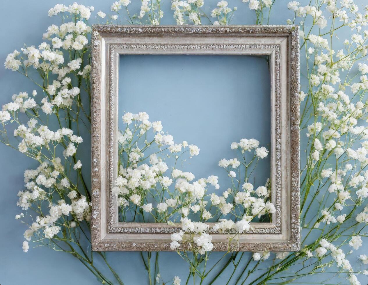 Frame with white flowers on blue background photo