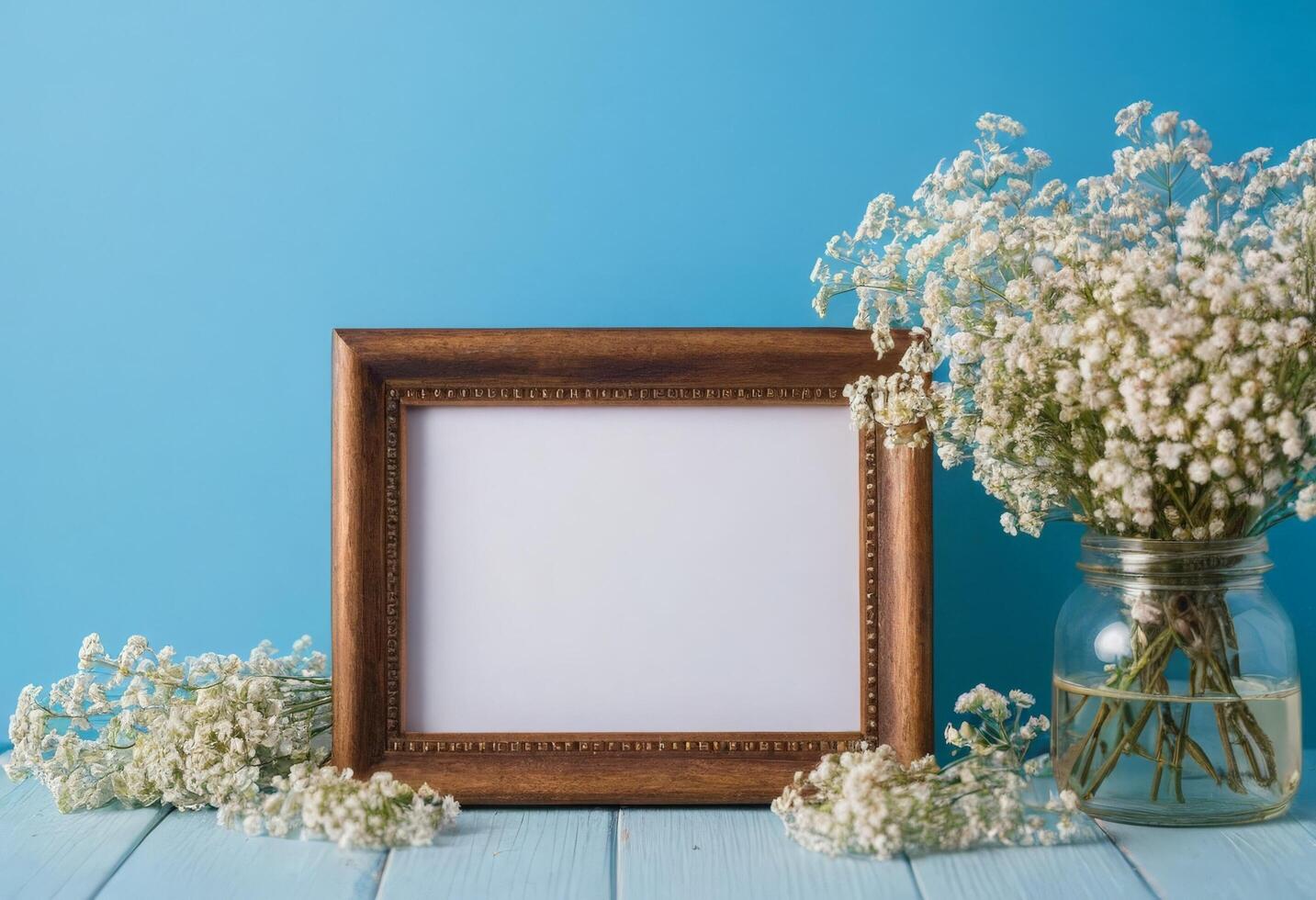 Photo frame with baby's breath flowers on blue background