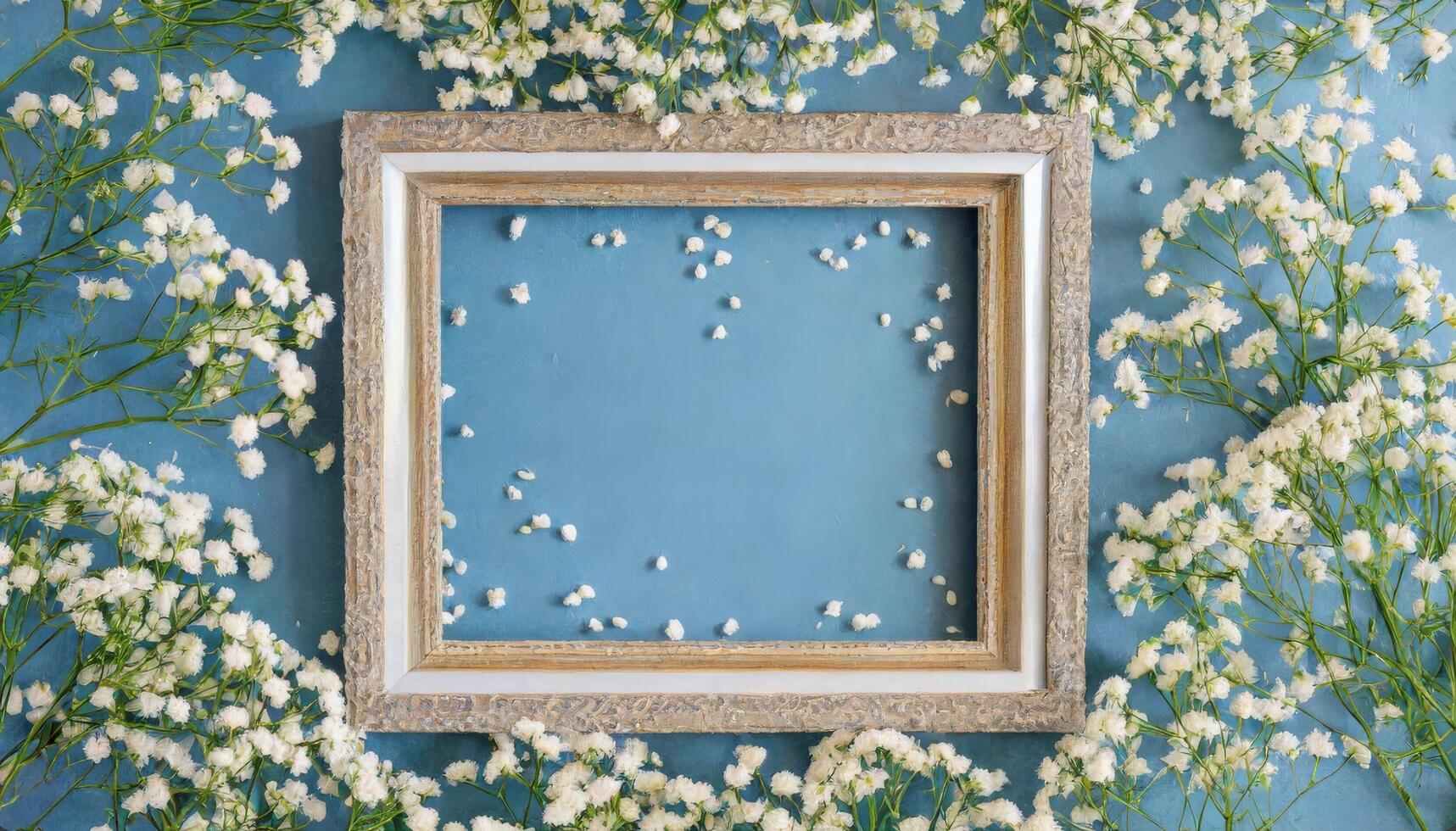 Frame with white flowers on blue background photo