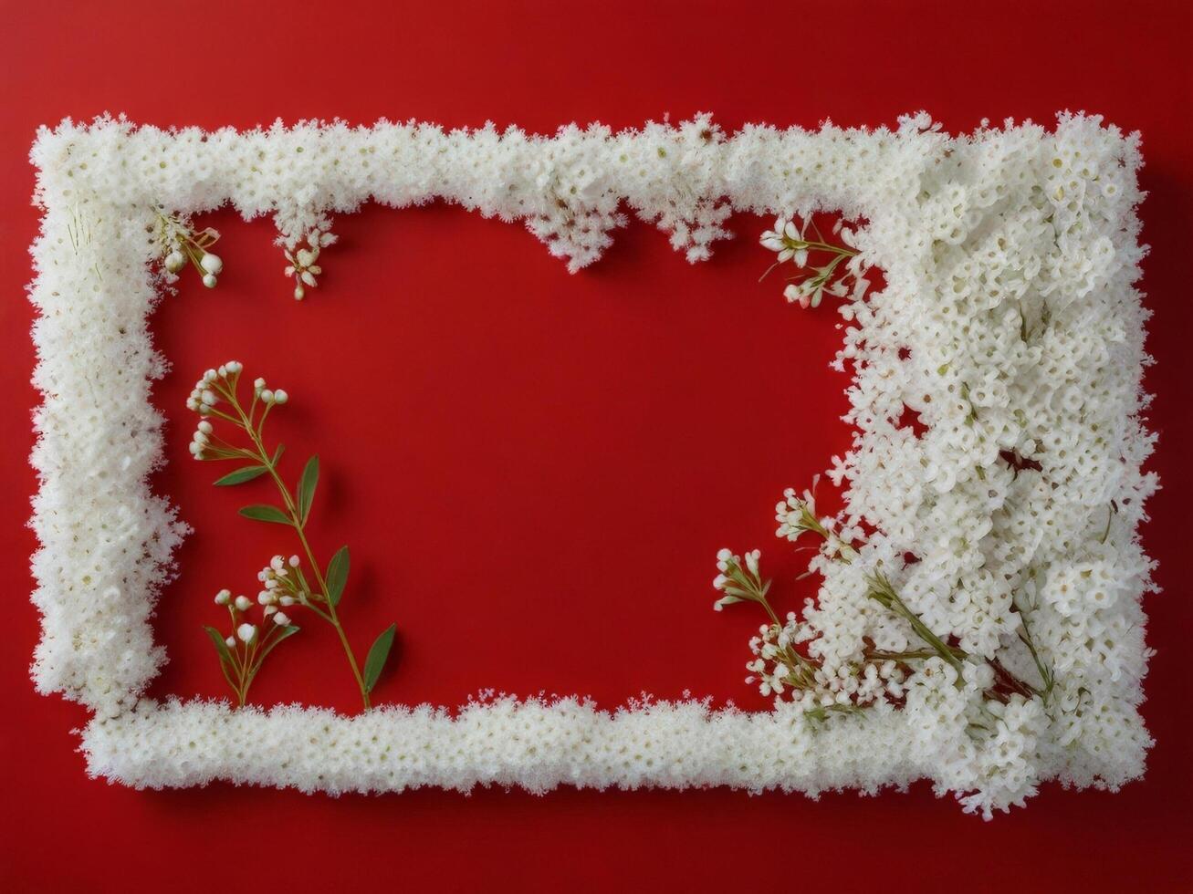 A frame made of white flowers on a red background photo