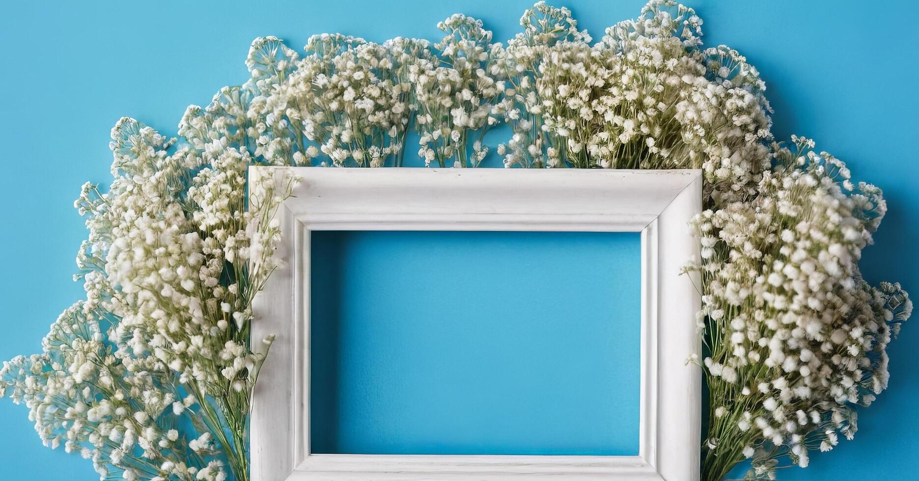 White frame with lily of the valley flowers on blue background photo