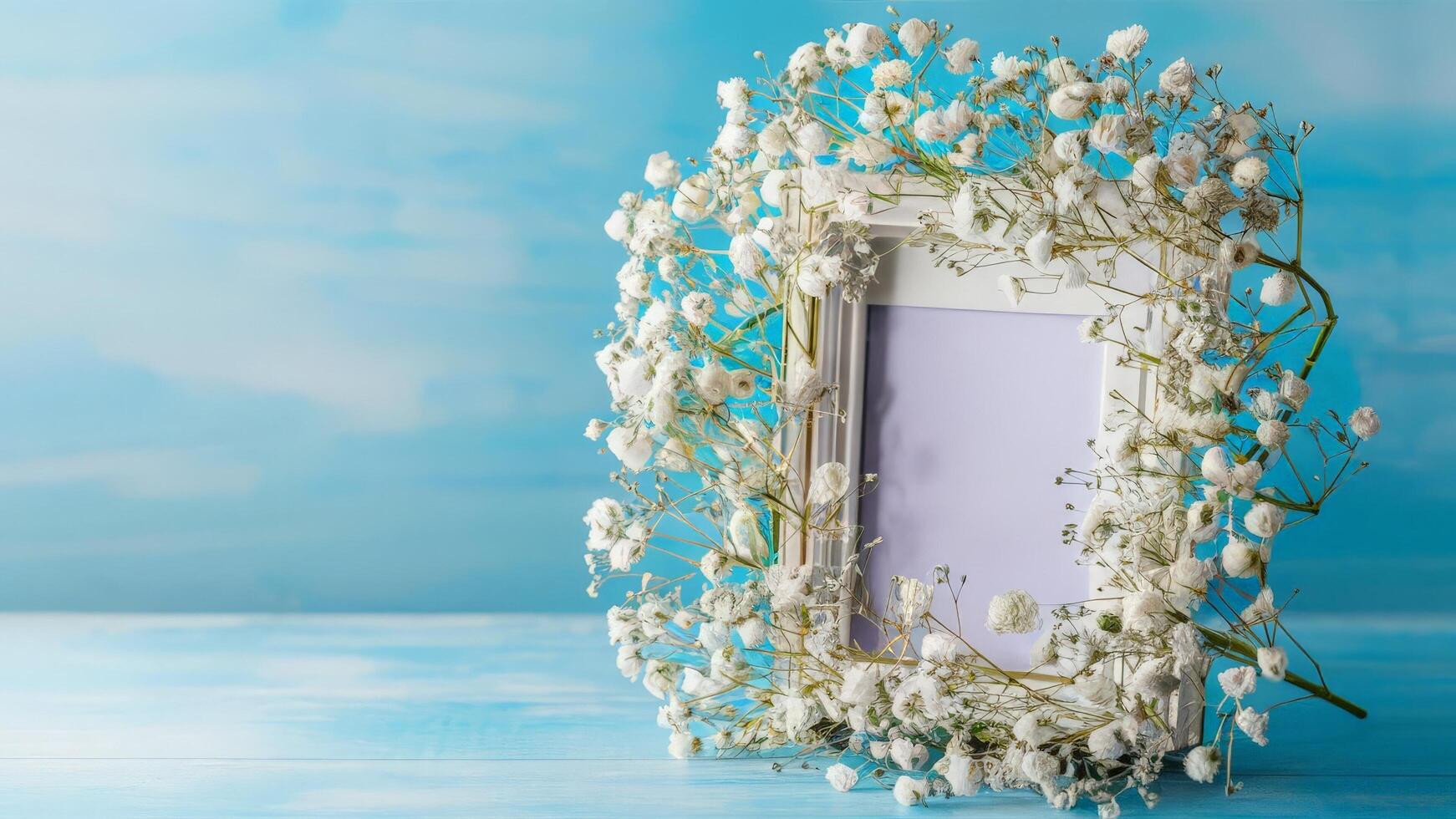 Photo frame with lily of the valley flowers on blue background