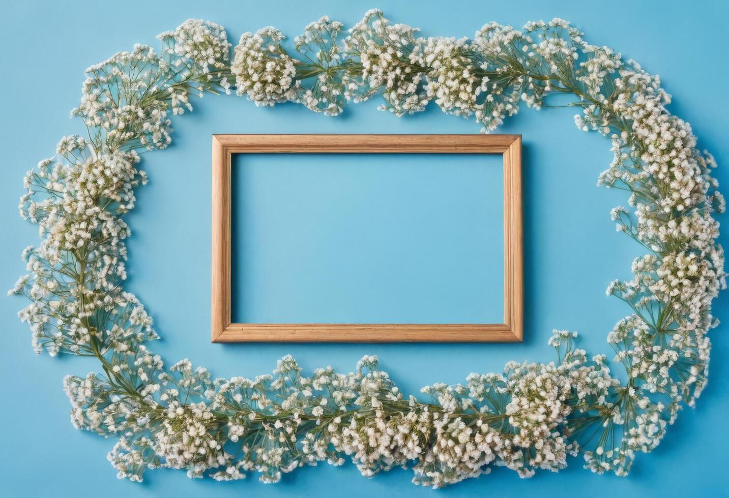Frame with baby's breath on blue background photo