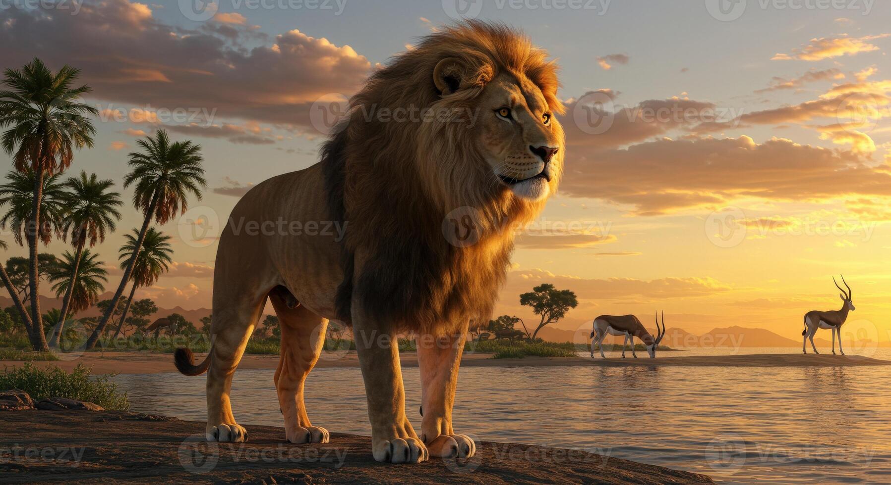 A lion stands on the shore of a river at sunset photo