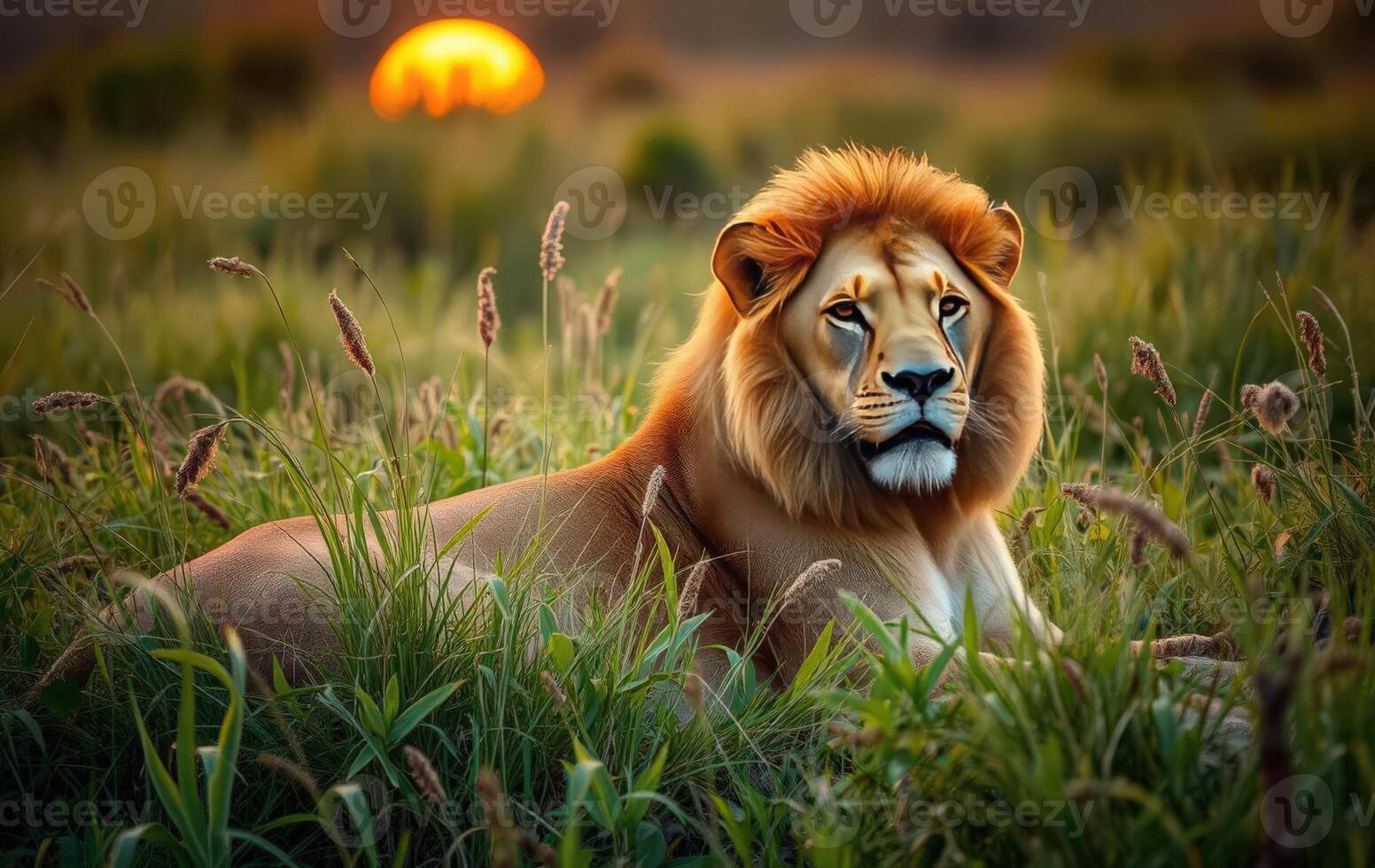 A lion is sitting in the grass at sunset photo